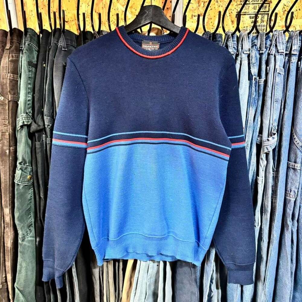 Vintage 90s Demetre Wool Knit Sweater, Navy Blue Heavyweight Pullover, Size L